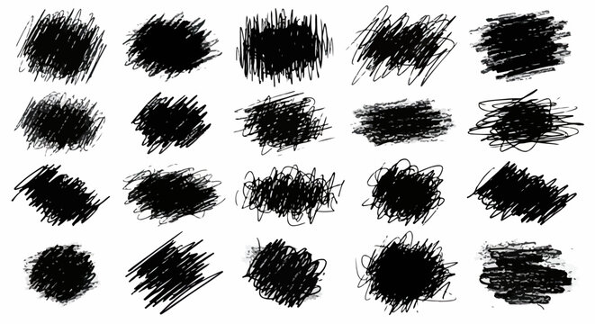 Ensemble de griffonnages noirs abstraits et textur&eacute;s sur fond blanc, parfaits pour les &eacute;l&eacute;ments de conception.