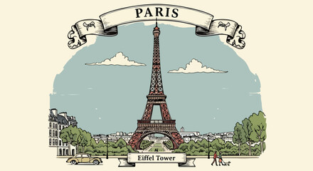 Tour Eiffel emblématique de Paris, France, dans un style dessin animé vintage avec un ciel nuageux.