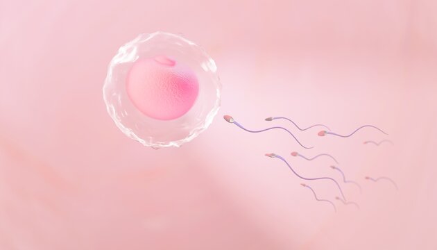 Several sperm swimming toward a human egg surrounded by the zona pellucida