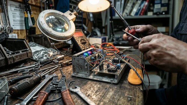 Close-up of mechanic hands splicing wires on a cluttered neutral workbench, greasy tools and focused movements conveying ingenuity and hands-on problem solving under soft overhead light.