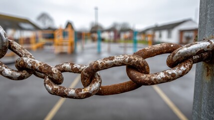 Naklejka premium Rusted Chain Locks School Gate in Playground With Grey Sky in Background During Quiet Afternoon Hours