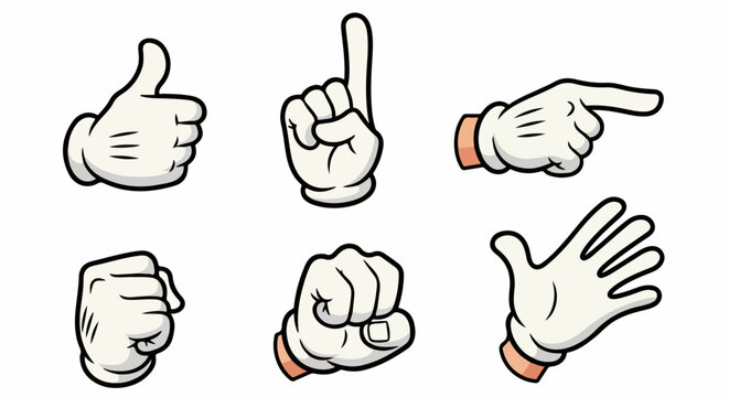 Ensemble d'ic&ocirc;nes de mains de dessin anim&eacute; dans diff&eacute;rentes poses et gestes sur fond blanc.