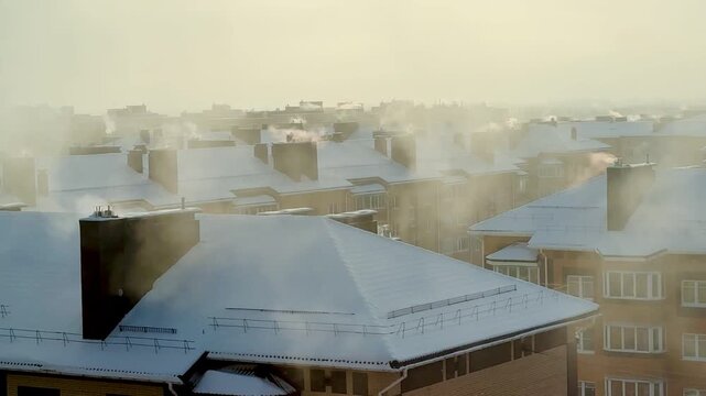 Snow covered rooftops chimney smoke rising over brick residential buildings in cold winter morning light fog softens distant construction cranes, pale sunrise.