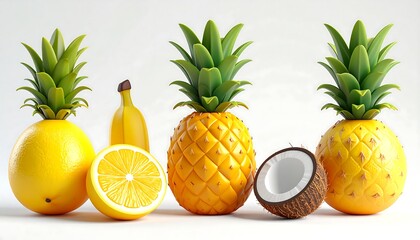 A vibrant still life showcasing tropical fruits pineapples, lemon, coconut, banana. Bright lighting emphasizes the textures