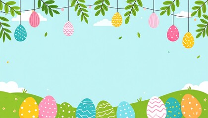 A vibrant Easter scene with decorated eggs, hanging foliage, and a pastel blue sky with scattered clouds and lush green hills