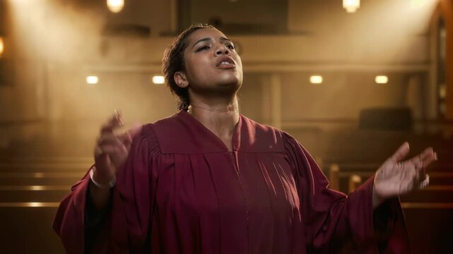 A gospel choir member belts a note with wide-open throat and uplifted face, swaying robes catching volumetric stage light as spiritual passion and vocal intensity fill the church with living sound.