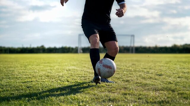 A soccer player dribbles with deft footwork on a green field, turf blades flying realistically and a distant goal net implying purpose as athletic agility drives the dynamic scene forward.