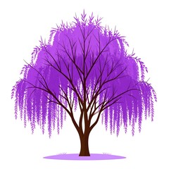 A vibrant, stylized illustration depicts a weeping tree with cascading purple foliage and a dark brown trunk. The background is white