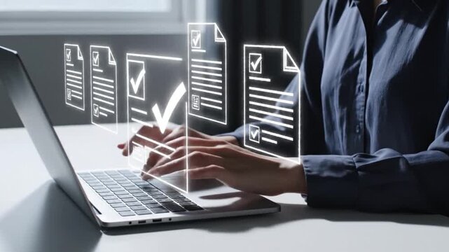 Professional hands typing on a modern laptop screen displaying holographic glowing digital document verification and successful task completion icons for business processes.