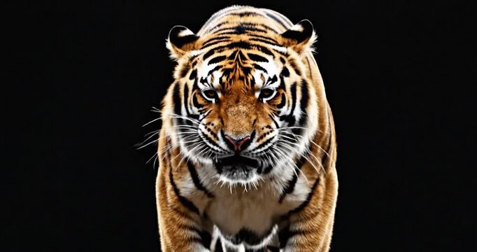 Majestic tiger standing on hind legs on black background