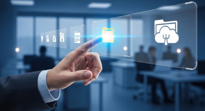 Professional hand selecting cloud storage folder on virtual panel, blue office background, shallow depth of field.