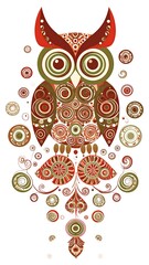 A vibrant, stylized owl illustration. The owl's body comprises intricate circular and spiral patterns, with warm color tones