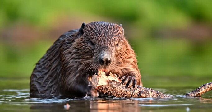 Wild beaver chewing tree branch in water with green background