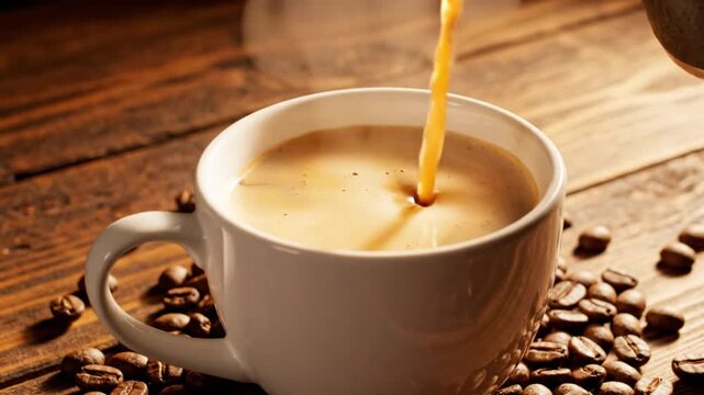 Pouring Freshly Brewed Coffee into a White Mug Surrounded by Roasted Coffee Beans on a Wooden Table
