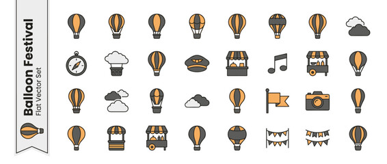 Hot Air Balloon Festival Vector Icon Set with 30 Flat Design Elements Including Balloons, Clouds, Compass, Pilot Hat, Food Stalls, Camera, and Bunting in Clean Monochrome with Orange Accents