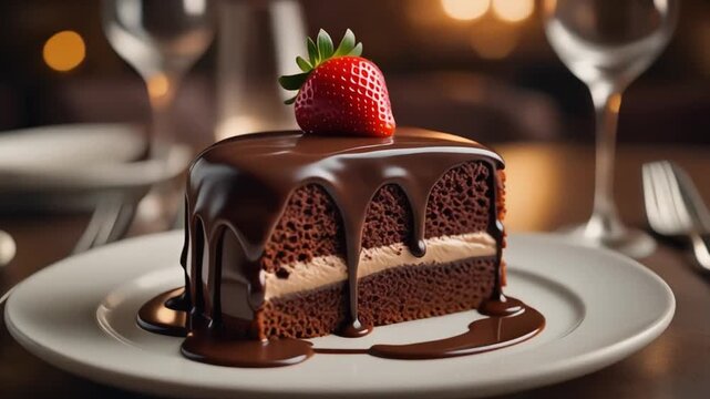 decadent chocolate cake slice with glossy ganache and strawberry on plate
