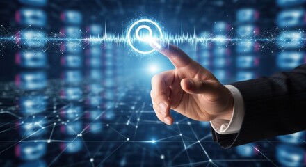 Fototapeta premium Professional hand touching a glowing search icon to initiate a query on a vast database