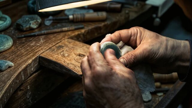 An East Asian artisan buffs a jade pendant with a silk cloth, the stone surface gaining luster under focused desk light as circular motions erase swirl marks and cool green luxury emerges.