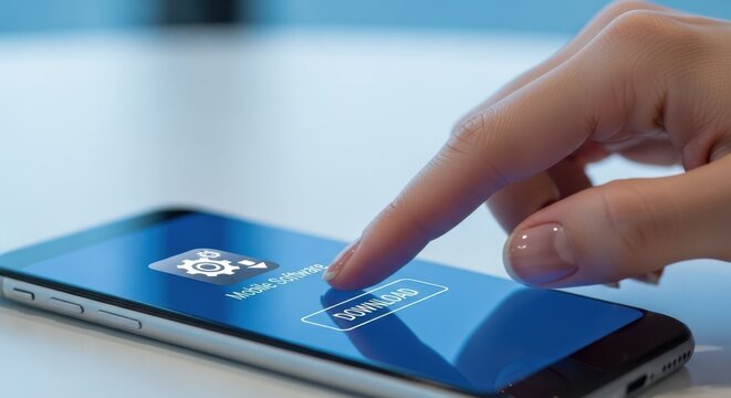 Professional hand touching app store download on interface, mobile software, blue blurred room, realistic lighting.