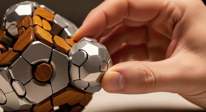 Side view of a hand manipulating a 3D puzzle solving complex geometric shapes
