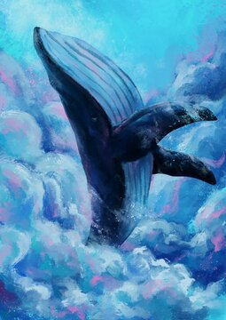 giant whale flying in thes sky ,fantasy,digital art, Illustration painting.