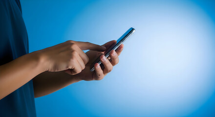 Person holding a smartphone with a blue gradient background and a white circle