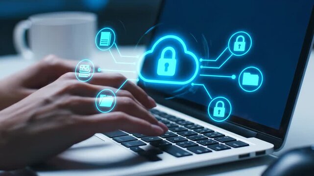 Close-up view of hands typing on a laptop keyboard, with a glowing blue cloud icon and data connection symbols displayed on the screen, representing cloud security and data management.