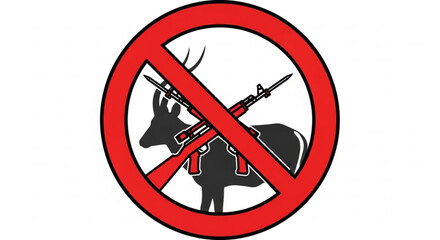 A clear no symbol over a silhouette of an antelope with crossed rifles, representing anti-poaching and wildlife protection.