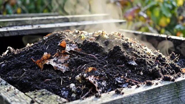 An open compost bin filled with rich soil and rising steam
