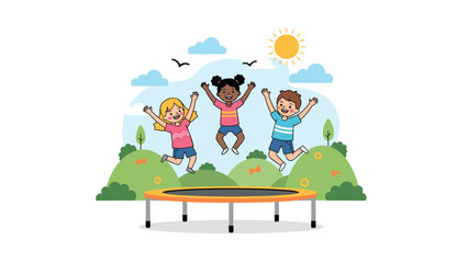 Fototapeta premium Joyful group of diverse children happily jumping on a trampoline in a sunny outdoor park, surrounded by green hills and blue sky.