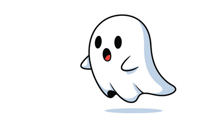 Adorable cartoon ghost with a surprised expression and wide open mouth, playfully floating with a slight shadow beneath.