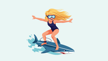 Adventurous girl with blonde hair and goggles confidently surfing on a shark-shaped surfboard, playfully riding waves and embodying summer fun and bold ocean activities.