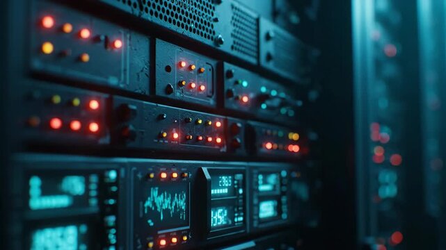 Detailed view of server racks in a dark data center, featuring rows of glowing blue and red indicator lights on electronic equipment.