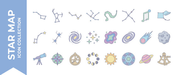 Obraz premium Star Map Icon Collection Featuring 24 Pastel Flat Design Elements: Constellations, Galaxies, Stars, Moon Phases, Zodiac Signs, Telescope, Sun, Saturn, Comet, and Celestial Navigation Tools.