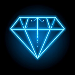 A vibrant geometric illustration featuring a luminescent blue diamond, set against a stark black background. The design gives a neon-like aesthetic