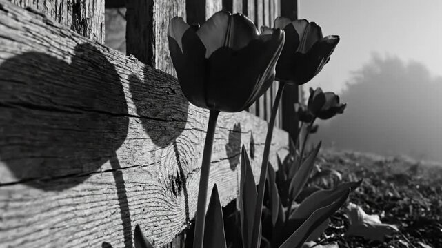 Black and white close up of tulips by a wooden fence with long shadows and morning fog in the background