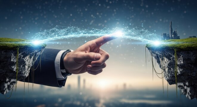 Businessman's hand creating a digital bridge between two floating cliffs, representing closing the gap and business negotiation.