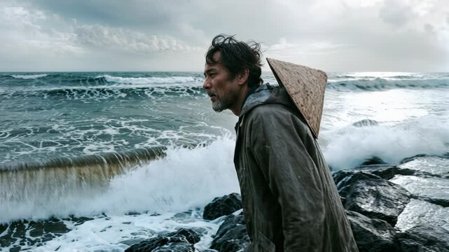 An East Asian fisherman leans boldly into a fierce sea wind, saltwater spray misting his face and hair whipping as storm gray backlit rim light carves his silhouette on a wet gleaming jetty rock.