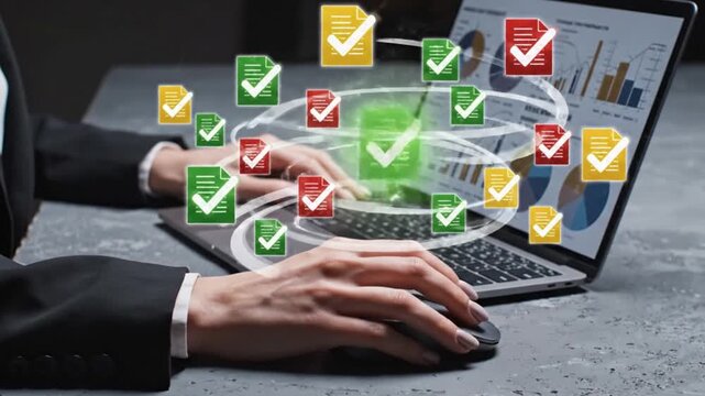 Professional hands using a computer mouse while data analysis on the laptop screen displays charts, graphs, and glowing confirmation checkmarks signifying successful completion of tasks.