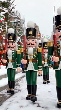 Nutcracker Soldiers Marching in Winter Wonderland Christmas Parade.