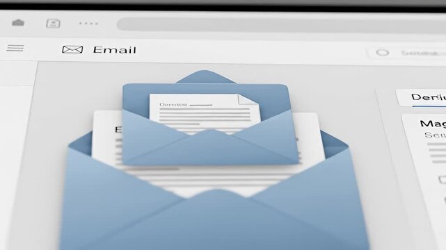 Email inbox, rendered in soft blues with floating envelopes and document-like text lists