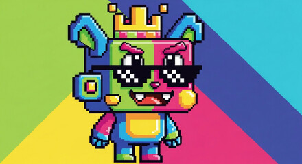 Pixel art rabbit character with sunglasses and crown on colorful background