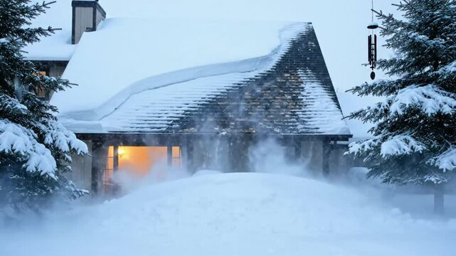 Snow avalanche off roof of cabin in winter falling and creating a snowy landscape