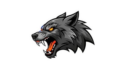 Obraz premium Fierce Black Wolf Head with Glowing Eyes, Aggressive Expression, Isolated on White