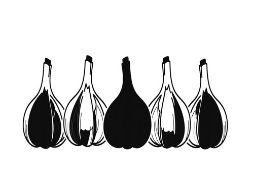 1.aiA row of five stylized garlic bulbs, some filled in black and others with outlined details.