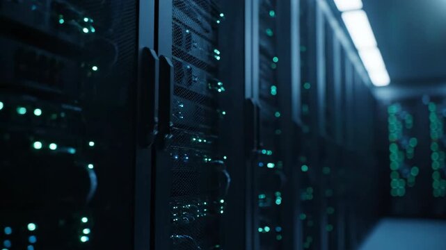 A dark server room perspective shot with rows of racks and blinking green lights suggesting technology and data processing.
