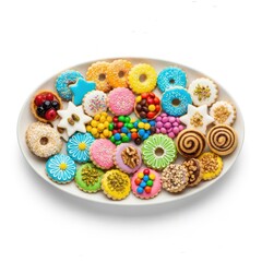 Assorted colorful donuts arranged on a white plate against a white background