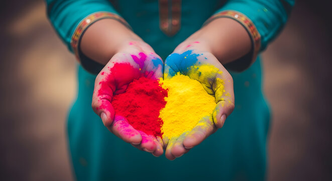 Vibrant holi celebration with colorful powder in hands
