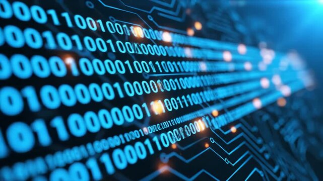Abstract digital stream of blue binary code flowing through illuminated circuit board lines with orange glowing accents, representing technology and data processing.