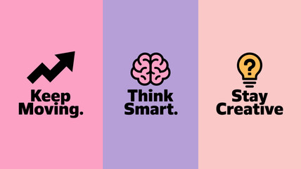 A vibrant triptych displays motivational icons and text a rising graph a brain and a lightbulb each promoting positive action high quality professional detailed modern elegant © Nargis